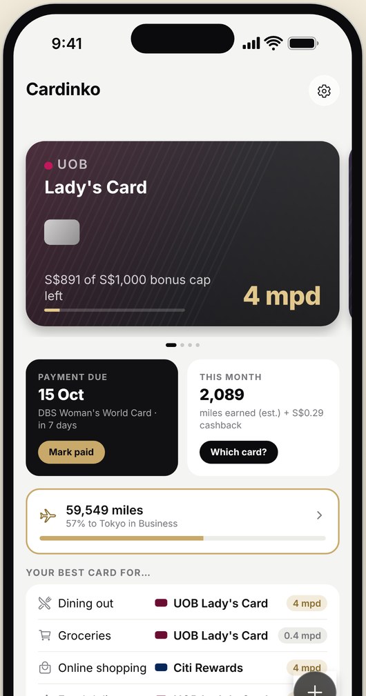 Home screen with bonus cap, payment due and miles this month