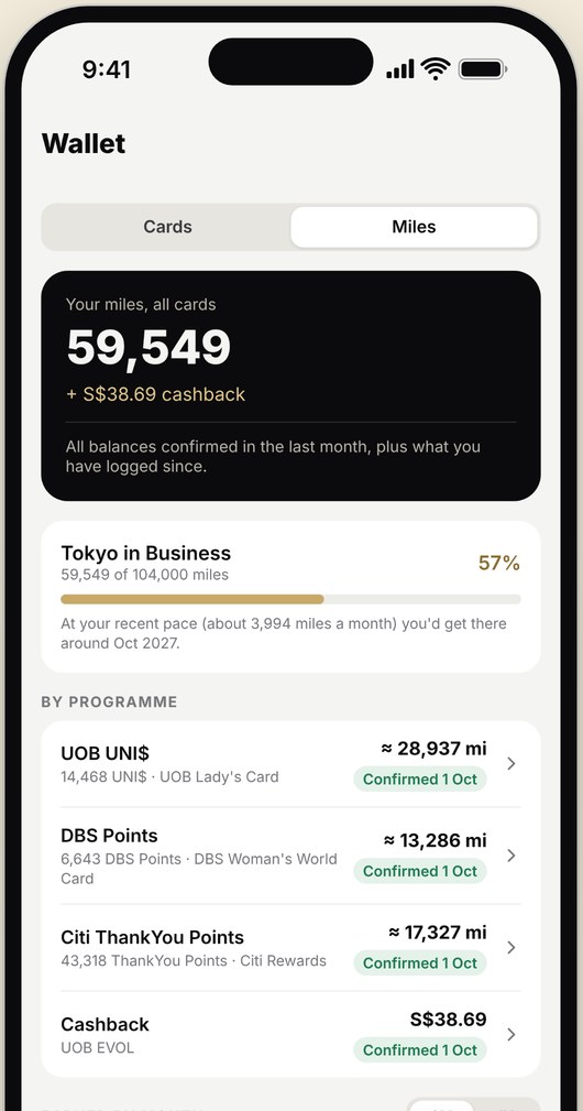 Wallet screen showing miles across banks