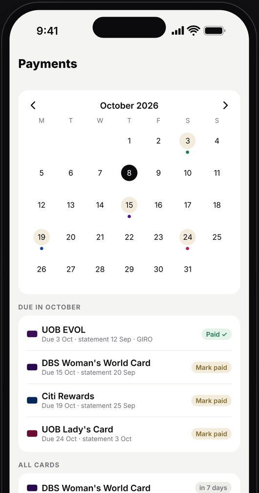 Payments calendar with card due dates