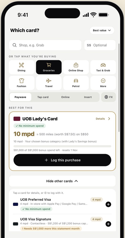Which card? screen recommending UOB Lady's Card at 4 mpd for Din Tai Fung